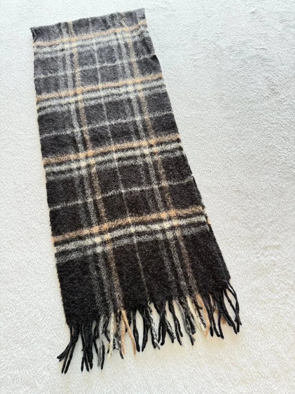 Nordstrom Camel Hair Plaid Scarf Heritage Neutral Fringe VTG Quiet Luxury